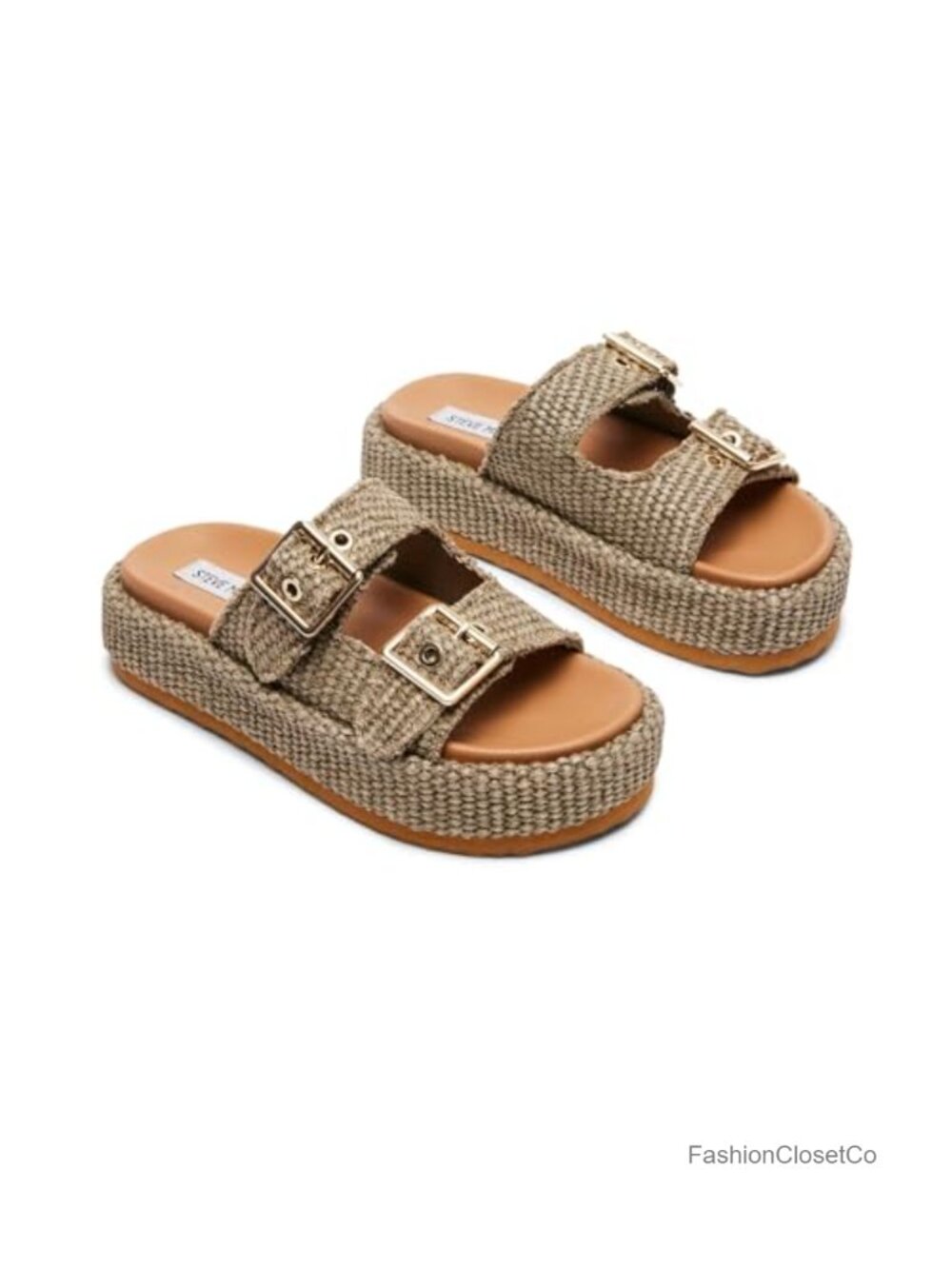 Woven Flatform Slide Sandal with Buckle Straps, Vegan Leather, 2 Inch Heel
